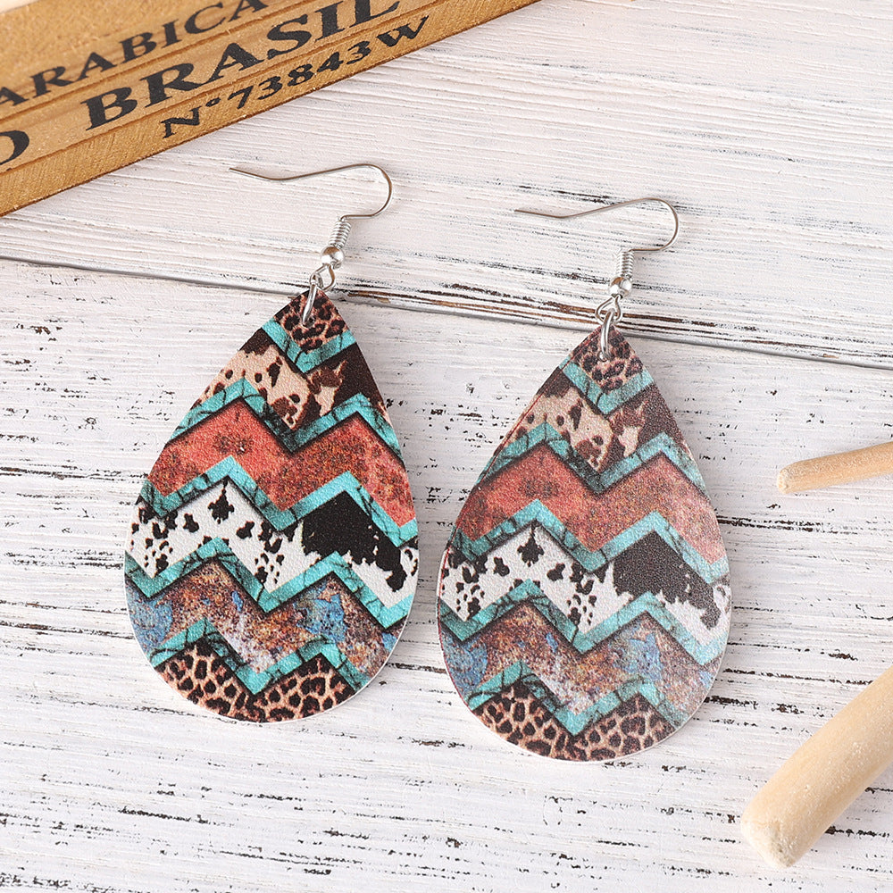 Wholesale Western-style leopard-print turquoise drop leather double-sided earrings